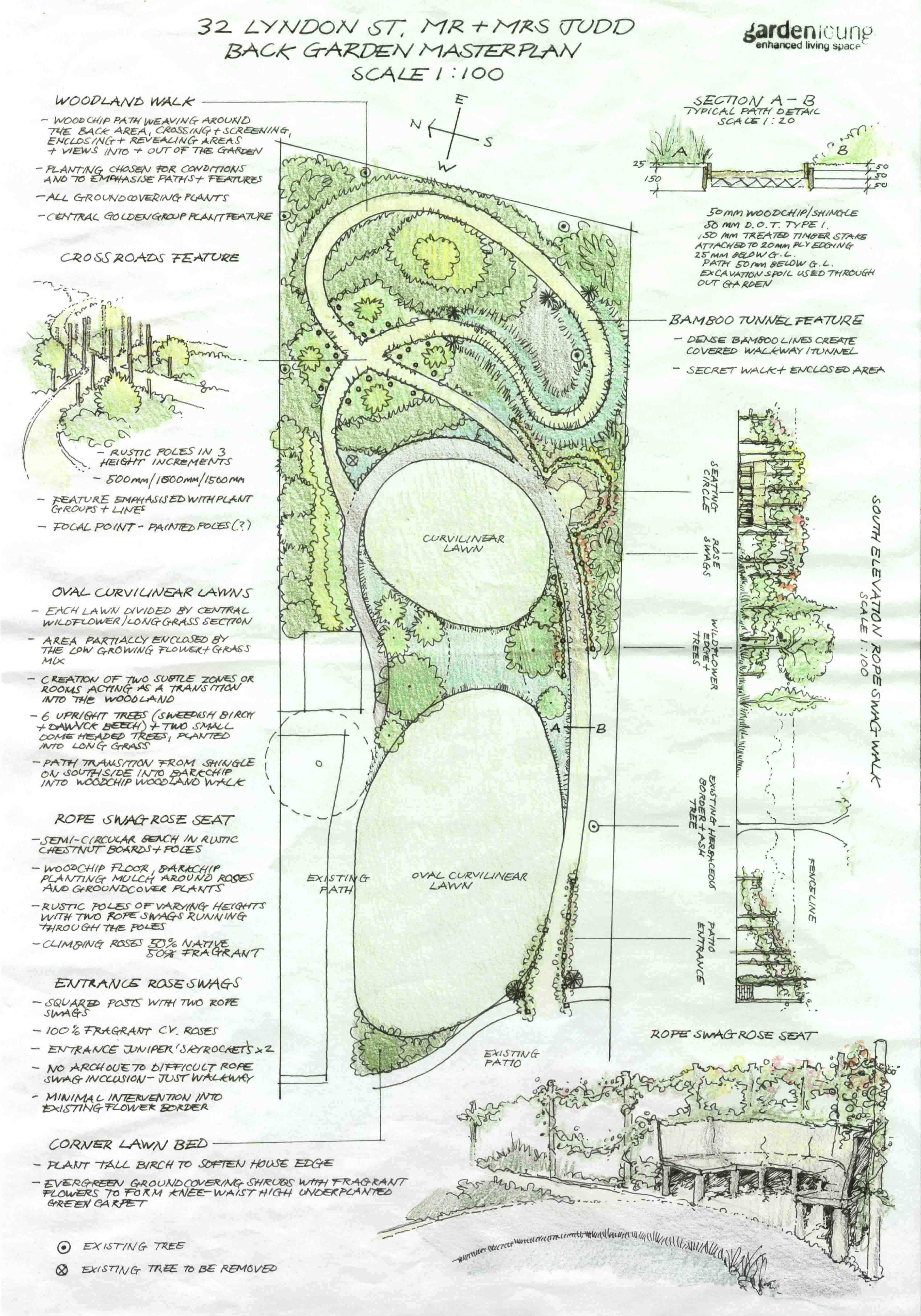 Coloured garden design plan of the shady garden with vignettes of the softwood pole crossroads and the rose swag seating area
